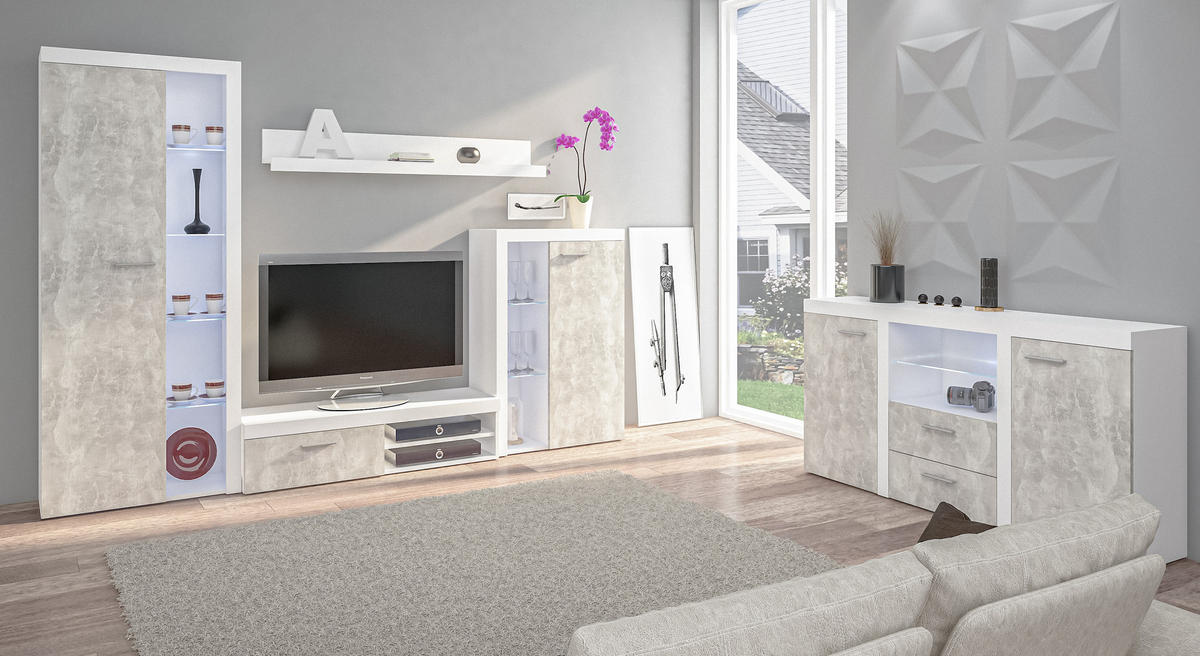 WOHNWAND Spacoro Weiß, Beton 270/190/41 cm Wohnwand Modern ohne LED - Hellgrau/Weiß, Holzwerkstoff/Kunststoff (270/190/41cm) - AX Living