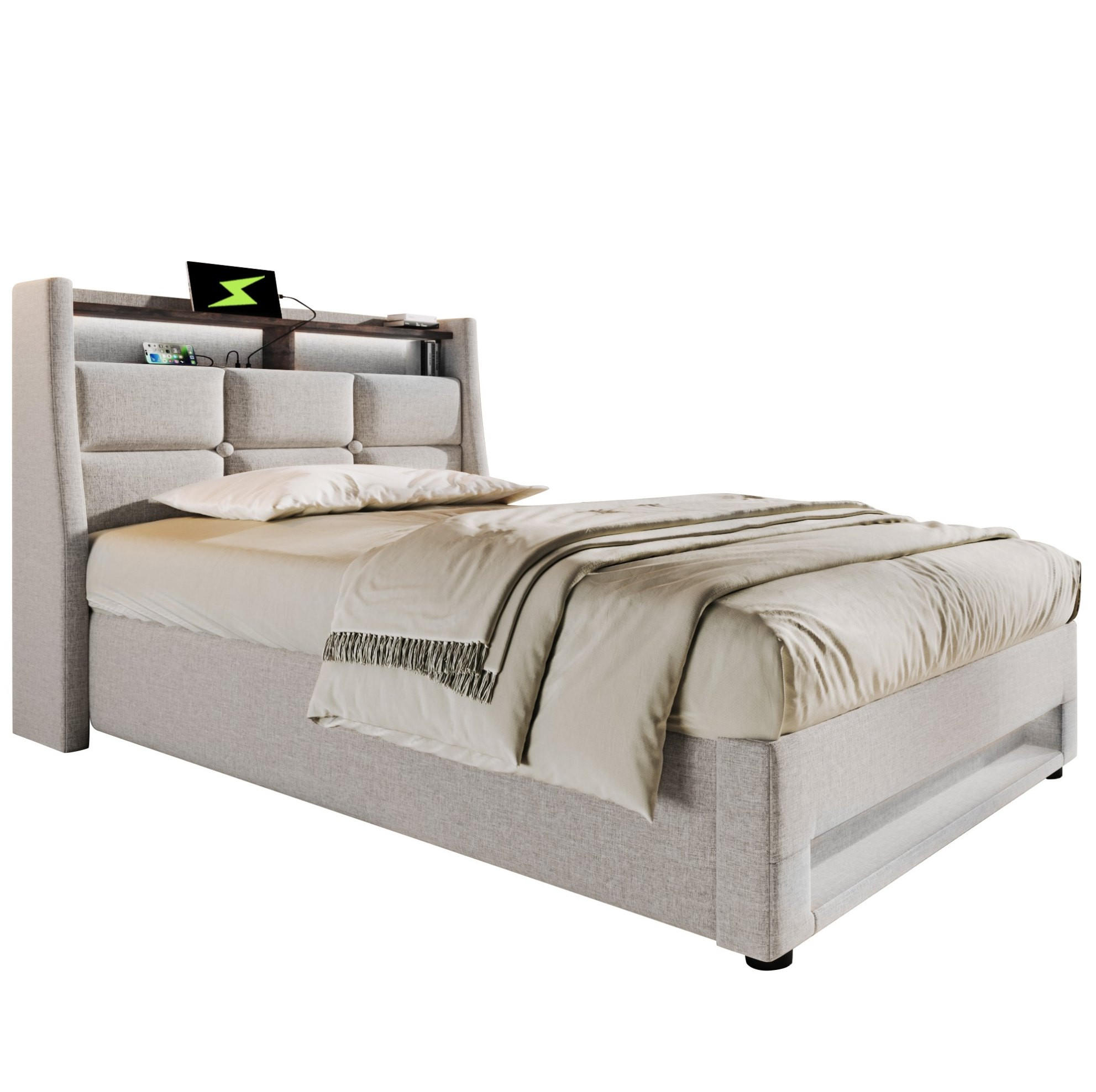Redom ČALOUNĚNÁ postel 90x200 cm s LED osvětlením, USB portem a úložným prostorem, Světle béžová