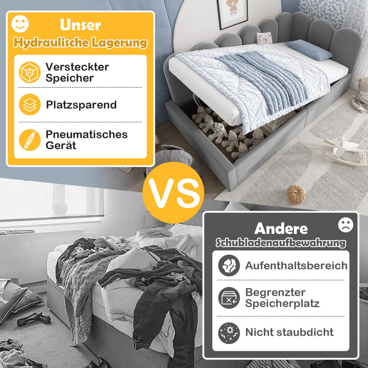 POLSTERBETT aus Samt 90x190 cm in Grau mit hydraulischem Stauraum - Grau, Textil (90/190cm) - Modfu