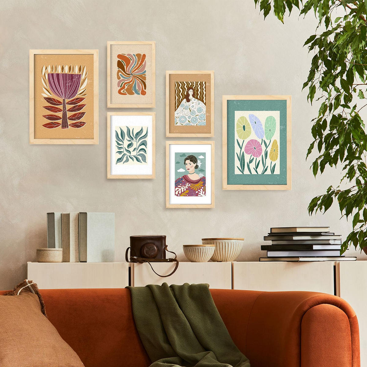 POSTER Set Mit 6 Drucken Von Blumen In Der Sammlung Ethnischere Ästhetische Dekorative Für Zuhause Wandkunstdruck A3 & A4 Rahmen Aus Hellem Holz - Beige, Papier (29/3cm) - Nacnic