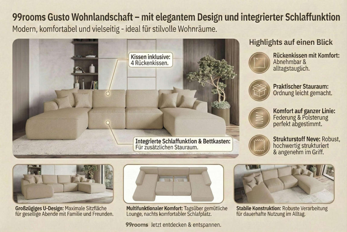 WOHNLANDSCHAFT GUSTO Strukturstoff Beige inkl. Schlaffunktion - Chromfarben/Beige, Kunststoff/Textil (306/96/194cm) - 99rooms