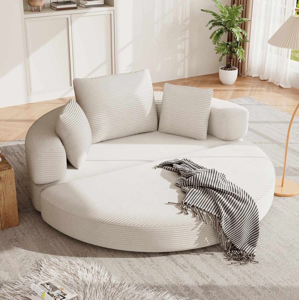 SOFABETT 2-in-1 173x176 cm Cord Light Beige mit 3 Kissen - Beige, Kunststoff (176/40/173cm) - Meubliv