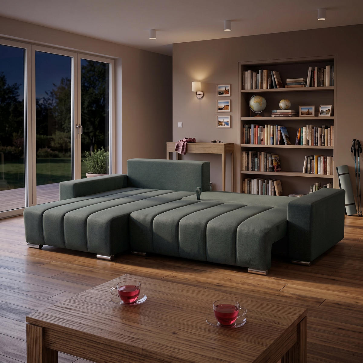 ECKSOFA Piano L Links mit Schlaffunktion 137x234 Velours Grün - Silberfarben/Grün, Holz/Textil (278/178cm) - Muffo