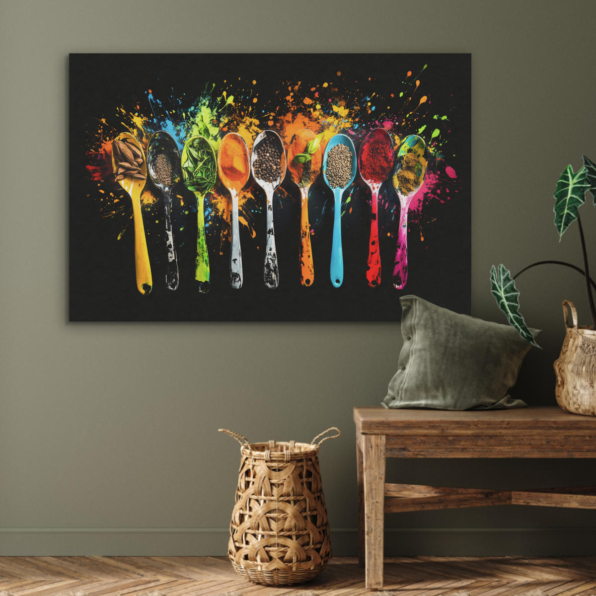 AKUSTIKBILD Löffel - Gewürze - Modern - Graffiti - Farbe - Farbenfroh Akustikpaneele 90x60 cm - Multicolor, Kunststoff (90/60/0.9cm) - MuchoWow