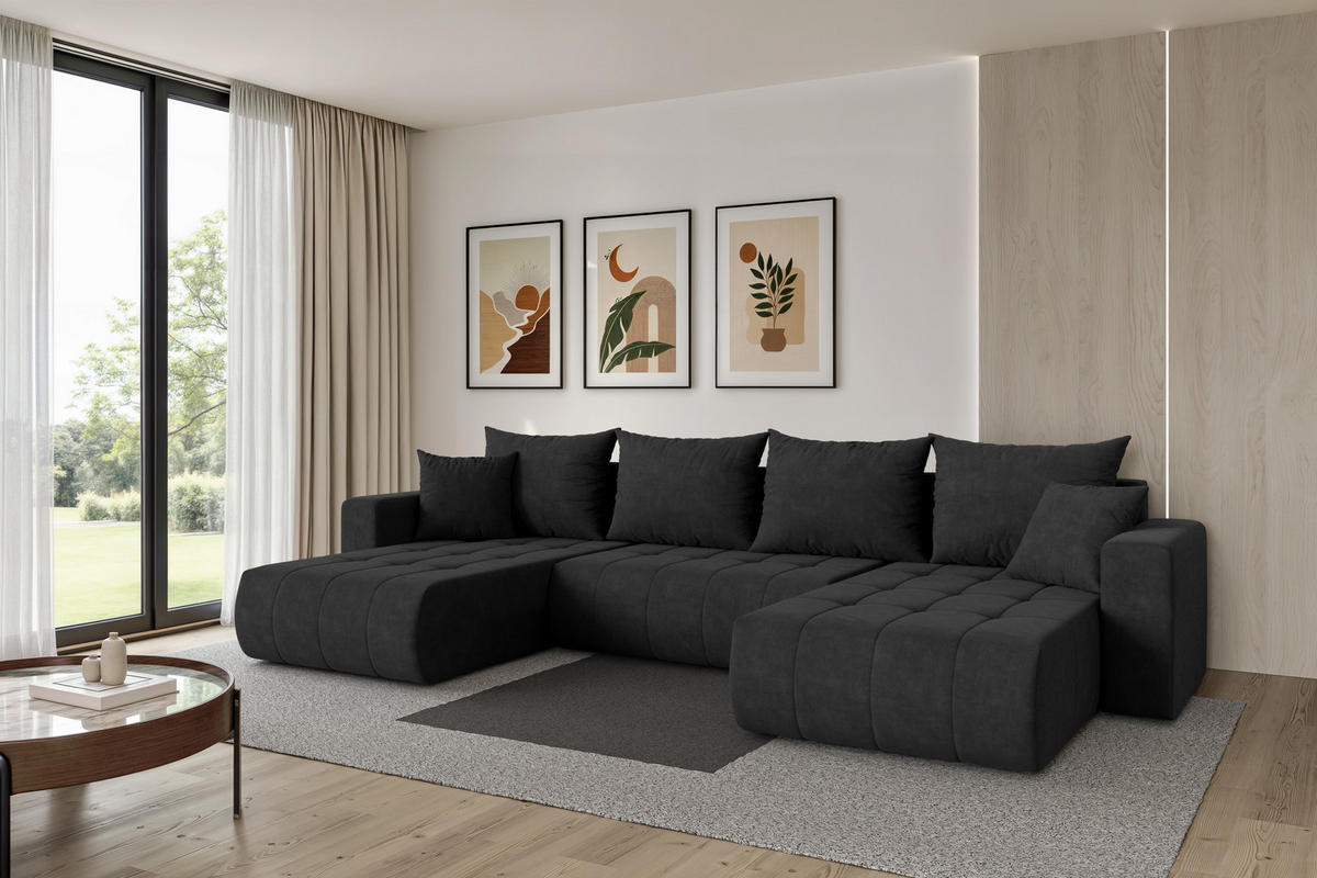 SEDACÍ SOUPRAVA DO U s funkcí spaní a úložným prostorem MILA-U 378x194x86 černá velur - černá, kompozitní dřevo/textil (378/86/194cm) - ALTDECOR