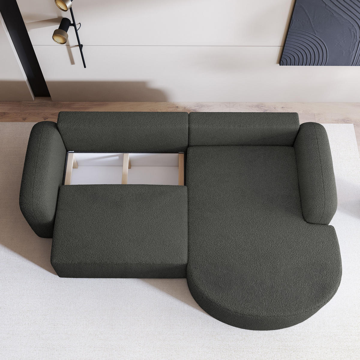 ECKSOFA AMILIA R-S Grau Boucle-Stoff mit Schlaffunktion - Grau, Holz (263/174cm) - MASSENO