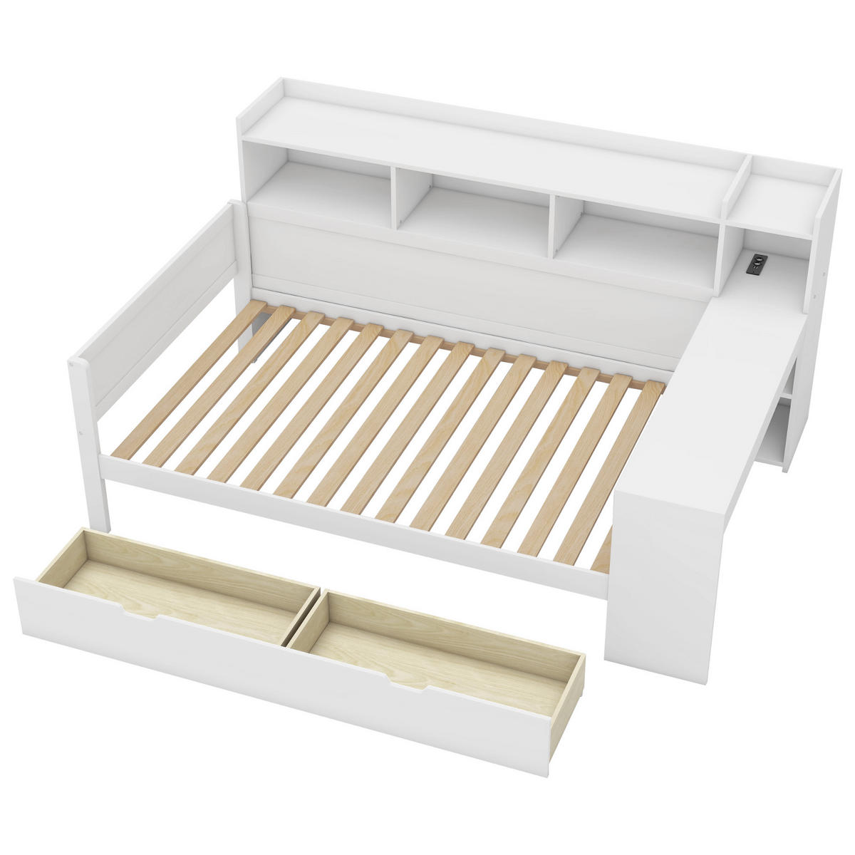 BETT 90/200 cm mit Nachttischablage und USB-Anschluss in Weiß - Weiß, Holzwerkstoff (90/200cm) - OKWISH