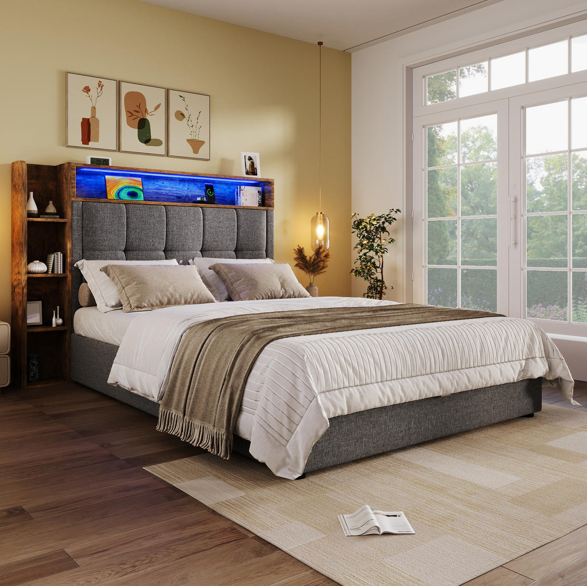 POLSTERBETT 90/200 cm Grau mit LED-Beleuchtung und USB- und Type-C-Anschlüssen - Grau, Textil (90/200cm) - OKWISH