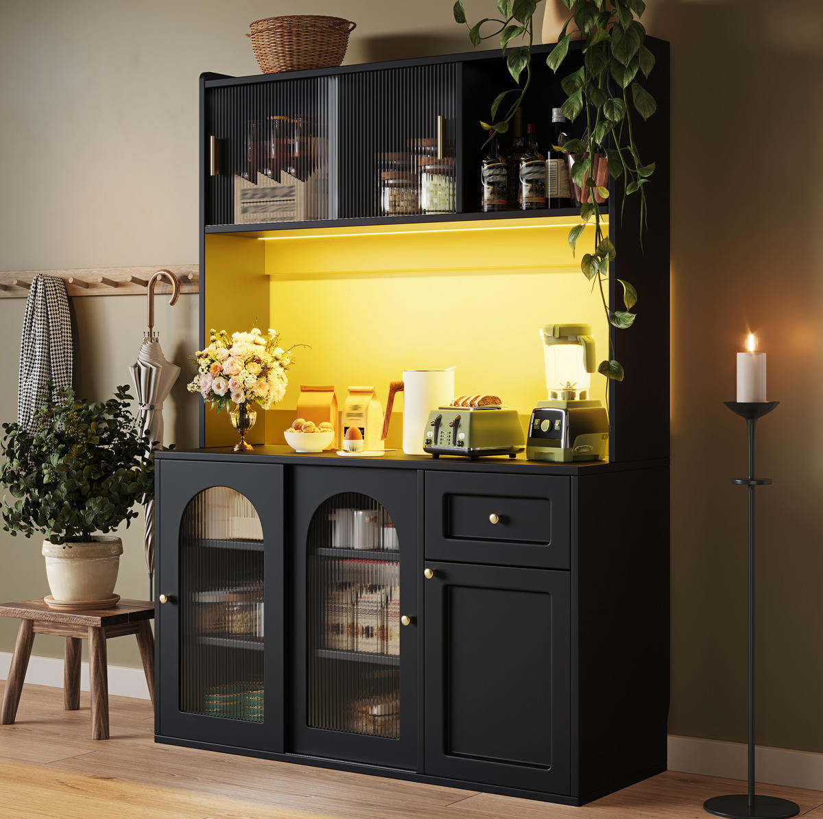 KÜCHENSCHRANK mit LED 120 x 35 x 167 cm Schwarz - Schwarz, Holzwerkstoff (35/167/120cm) - Meubliv