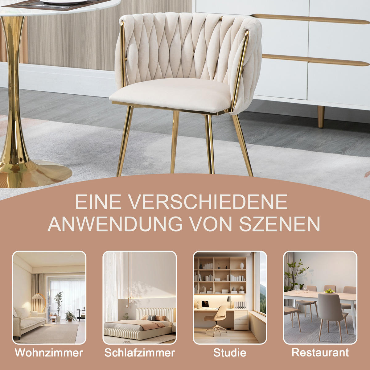 ESSZIMMERSTUHL 2er-Set aus Samt mit Goldbeinen - Creme, Textil (55.5/74/41cm)