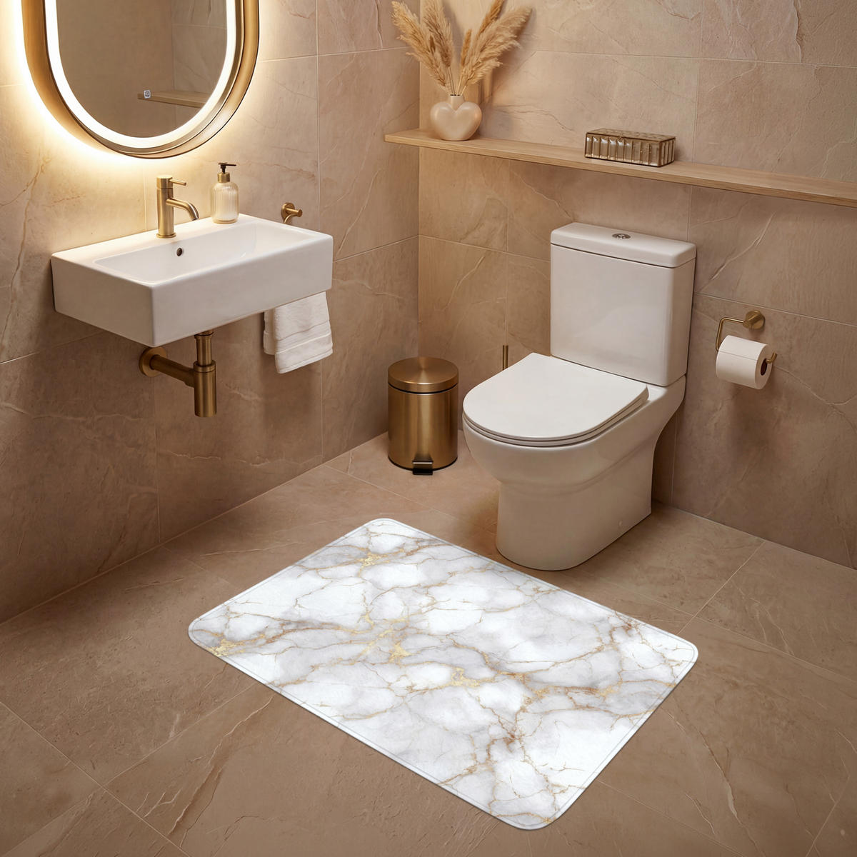 WC-VORLEGER Weiß - Gold - Marmor - Grau Toilettenteppich 90x60 cm - Weiß, Kunststoff/Textil (90/1cm) - OnlyWow