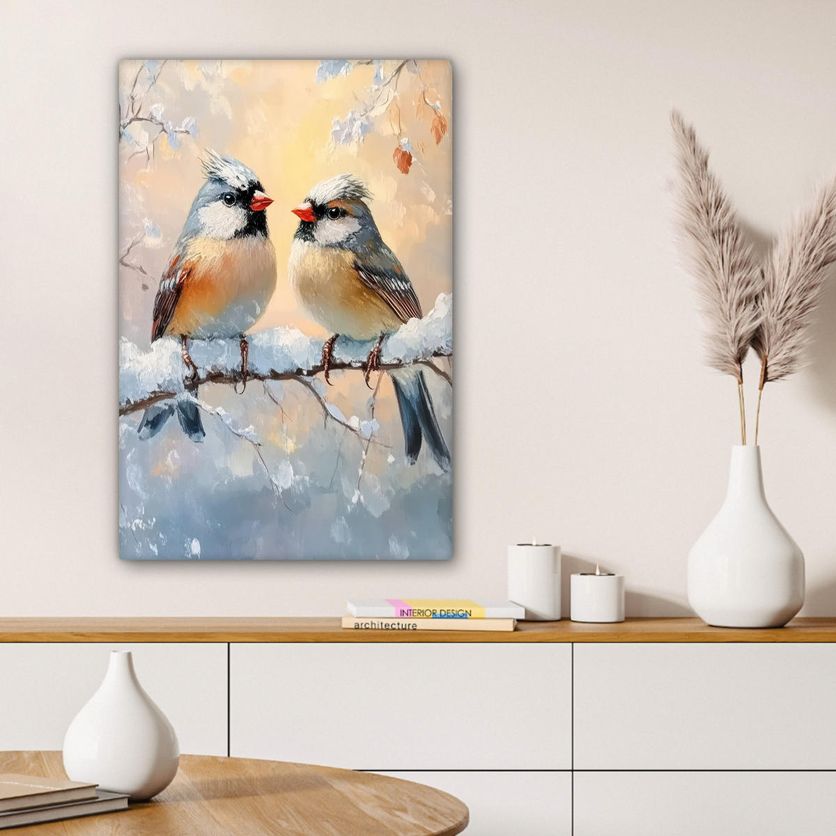 LEINWANDBILD Vögel - Zweig - Winter - Schnee 60x90 cm - Pastellblau, Textil (60/90cm) - MuchoWow