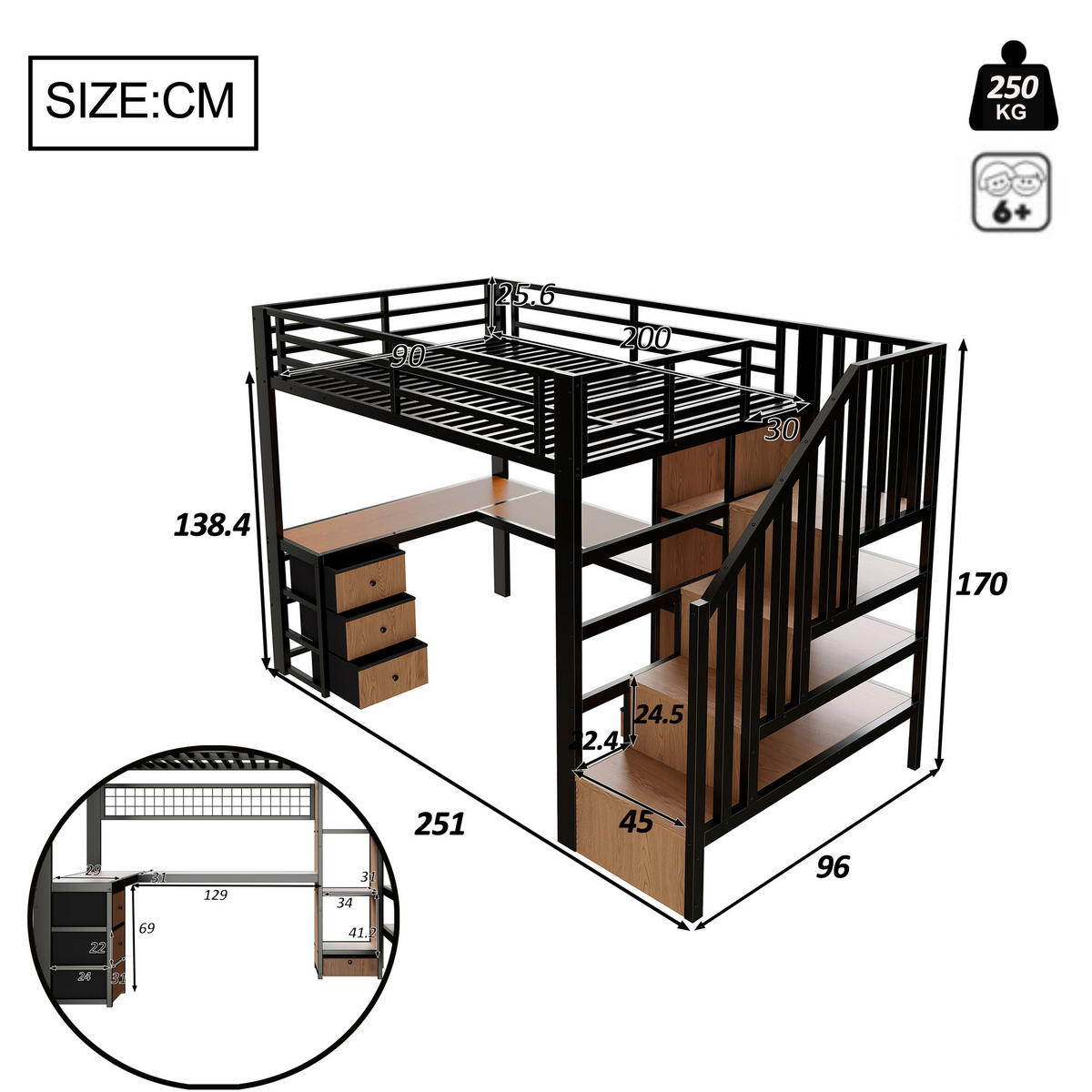 HOCHBETT 90/200 cm in Schwarz Kinderbett mit 4 Schubladen, LED und Schreibtisch - Schwarz, Holzwerkstoff/Metall (90/200cm) - STILVORA