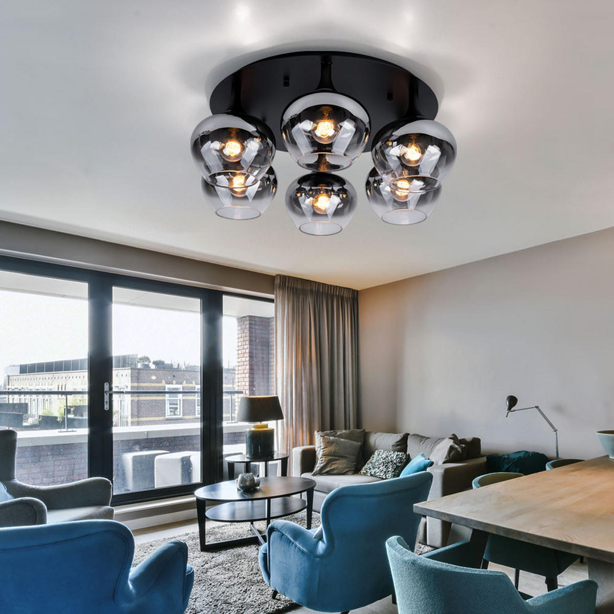 DECKENLEUCHTE Metall Schwarz Rauchglas - Schwarz, Glas (65/65/22.5cm) - Globo Lighting