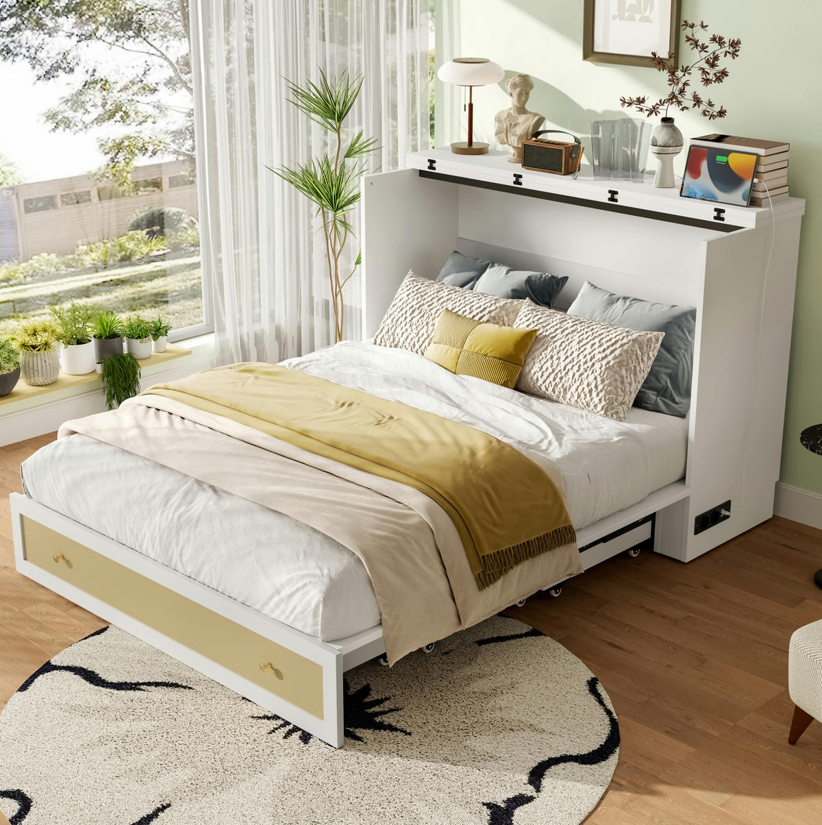 SCHRANKBETT 140/200 cm Weiß mit Schubladen und USB-Anschluss - Weiß, Holzwerkstoff (140/200cm) - OKWISH