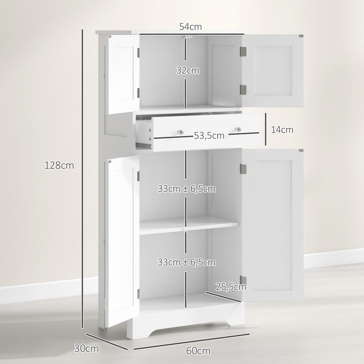 HIGHBOARD DE-11150 Verstellbarer Boden & Schublade Weiß - Weiß, Holzwerkstoff (30/128/60cm) - ComfortXL