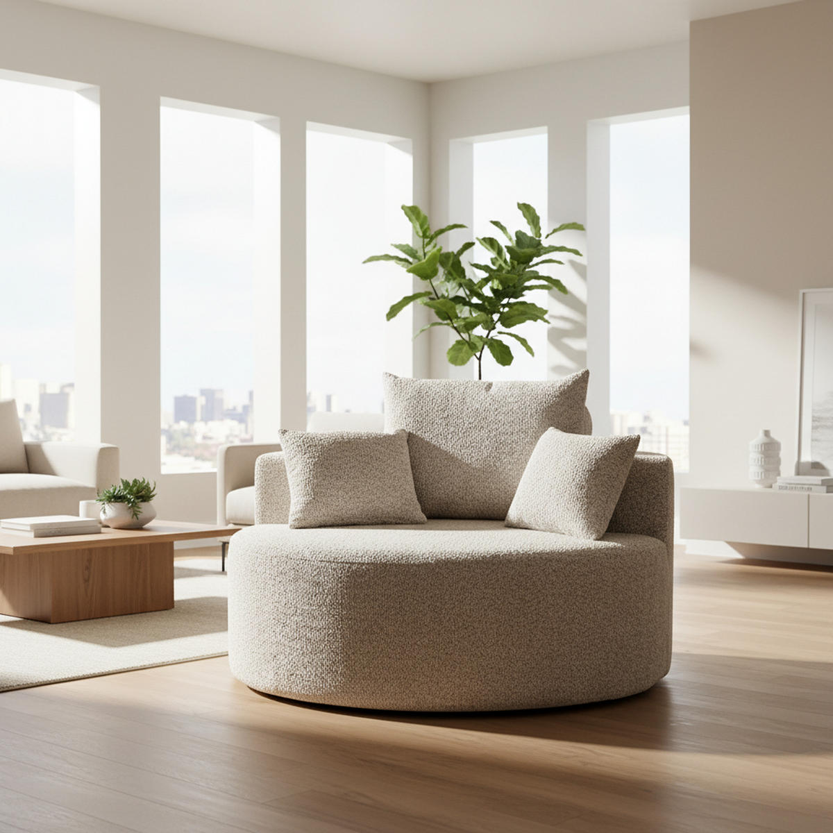 EINZELSESSEL aus Chenille in Khaki – rundes Cloud-Design & ohne Montage - Schlammfarben, Textil (127/85/127cm) - Urban Meuble