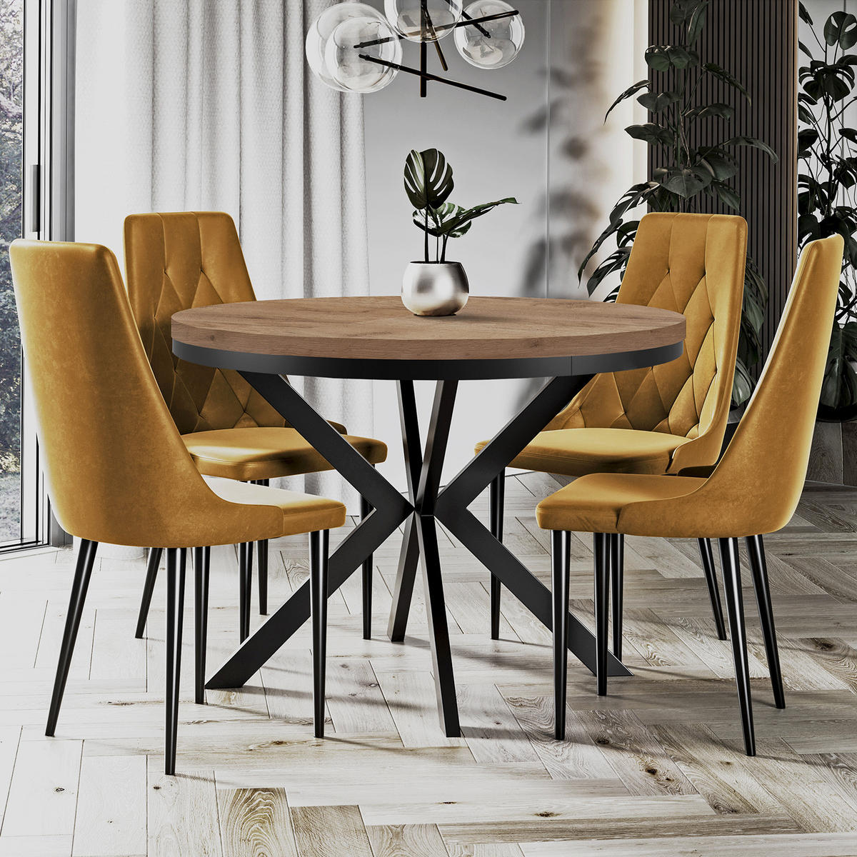 ESSTISCH Runder Ausziehbarer Tisch für Esszimmer ENDIK mit Ring-Gestell und Metallbeinen, Durchmesser: 120 / 220 cm, Farbe: Schwarz - Schwarz, Holz (220/120/77cm) - Dekori_Interiors