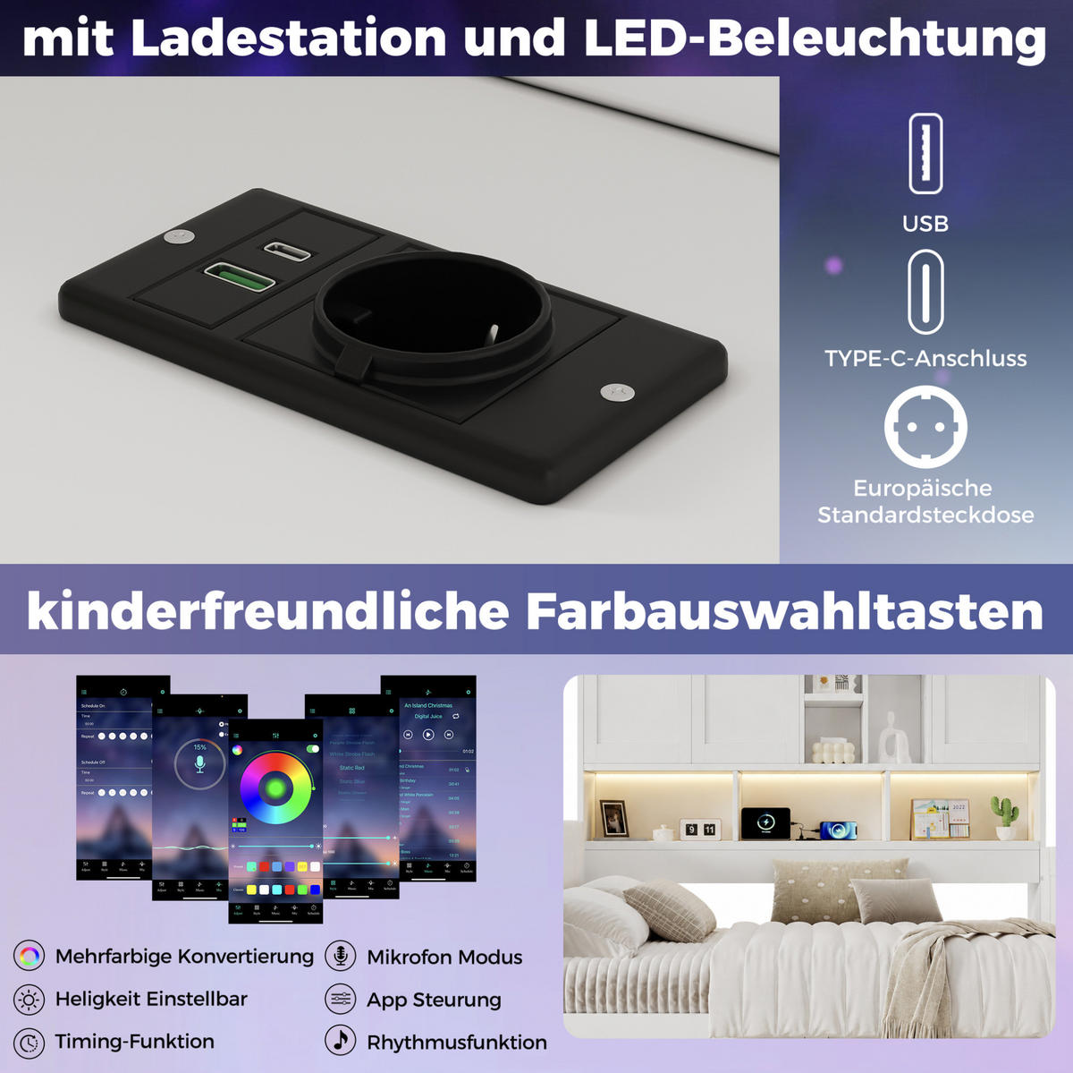 KINDERBETT aus MDF 140x200 cm Weiß mit LED-Beleuchtung, USB-Anschluss, Stauraum und PU-Kopfteil - Weiß, Holzwerkstoff (140/200cm) - Modfu