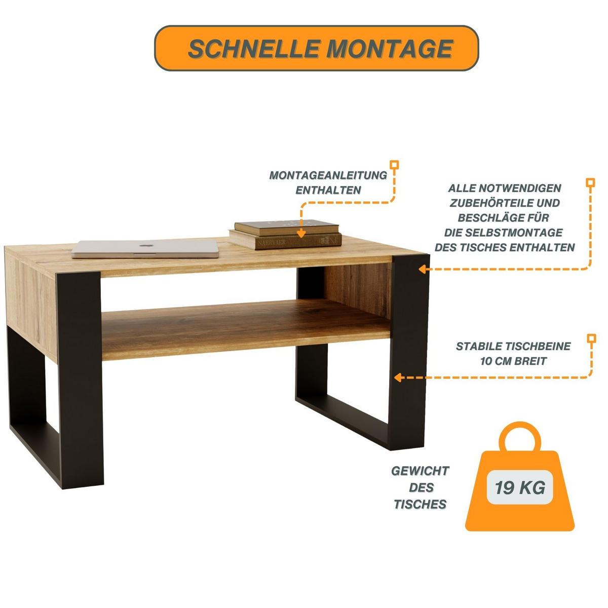 COUCHTISCH Holzwerkstoff rechteckig stabil Kiefer Milford 45/53,6/92cm - Kiefer Milford/Schwarz, Holzwerkstoff (53.6/92/45cm) - CraftPAK