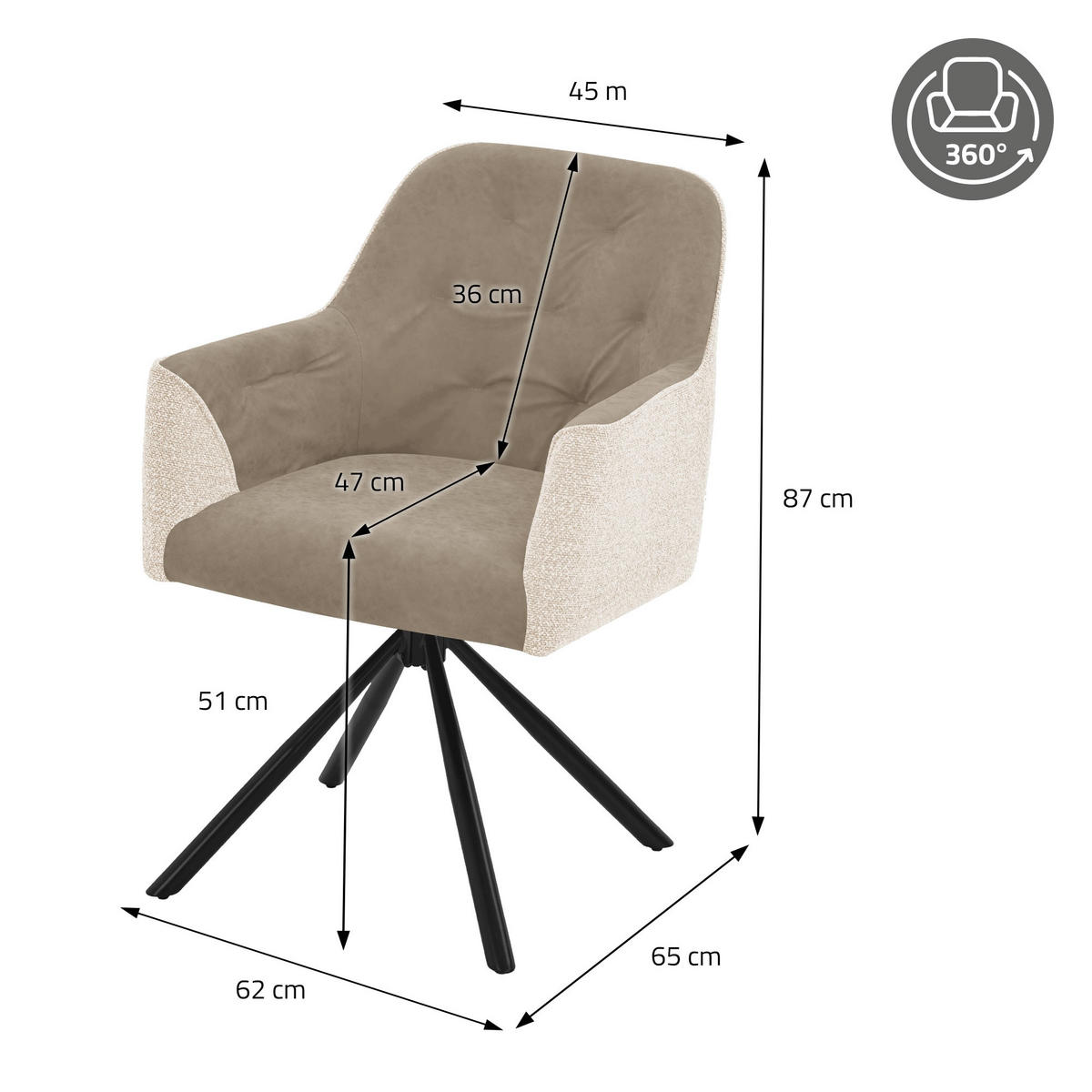 ESSZIMMERSTÜHLE 2er Set drehbar Küchenstühle gepolstert aus Webstoff-Kunstleder Beige - Beige/Schwarz, Textil/Metall (62/87/65cm) - ML-DESIGN
