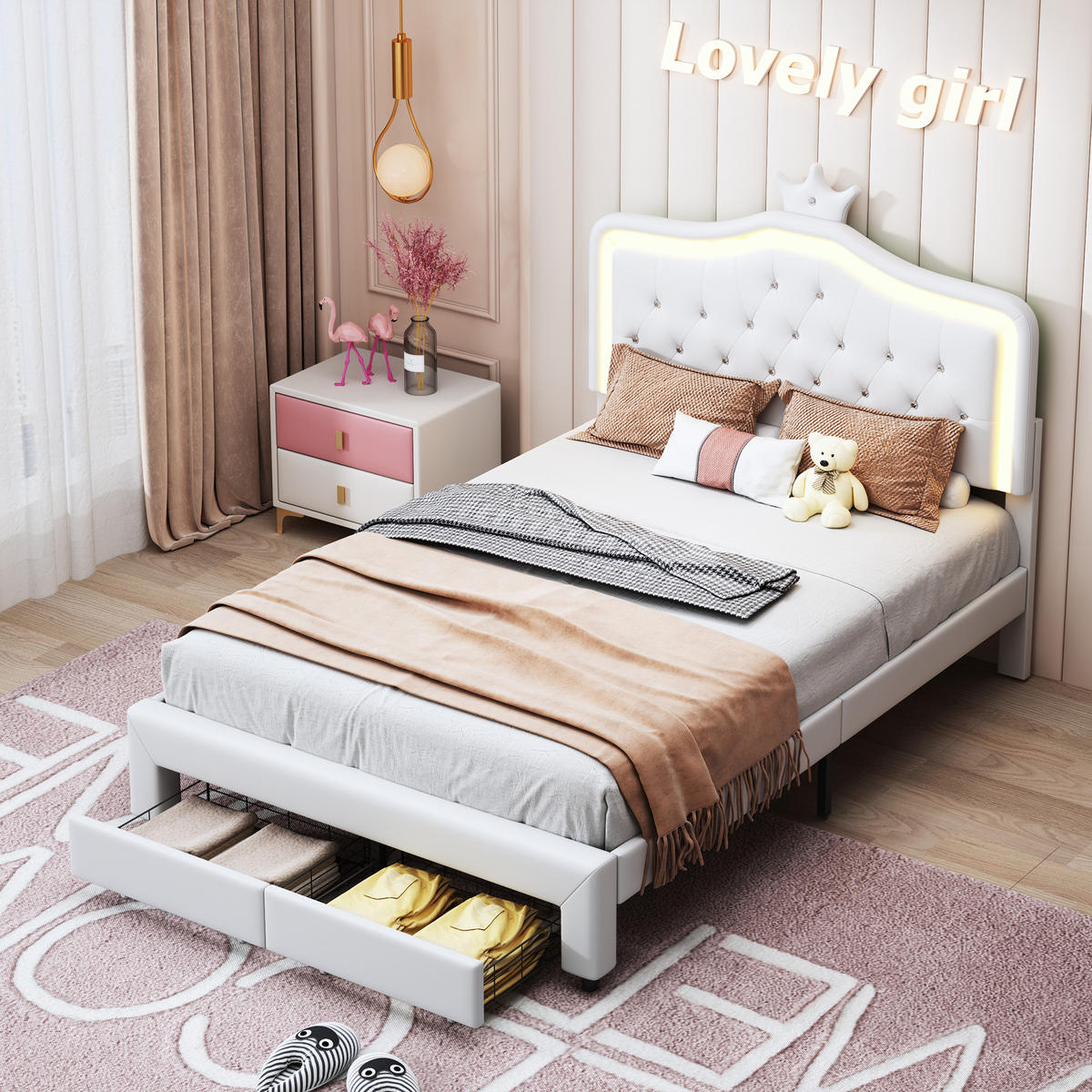 POLSTERBETT Princess Crown 140x200 cm mit höhenverstellbarem Kopfteil, PU, doppelbett mit Lattenrost & LED-Beleuchtung, Weiß - Weiß, Leder/Holz (140/200cm) - BursDany