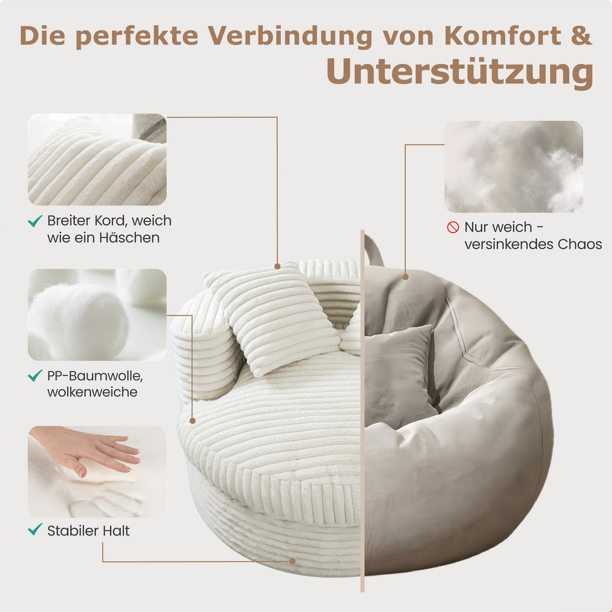 XXL-SESSEL Beige Cord - Beige, Textil (120/70/120cm) - Vercart