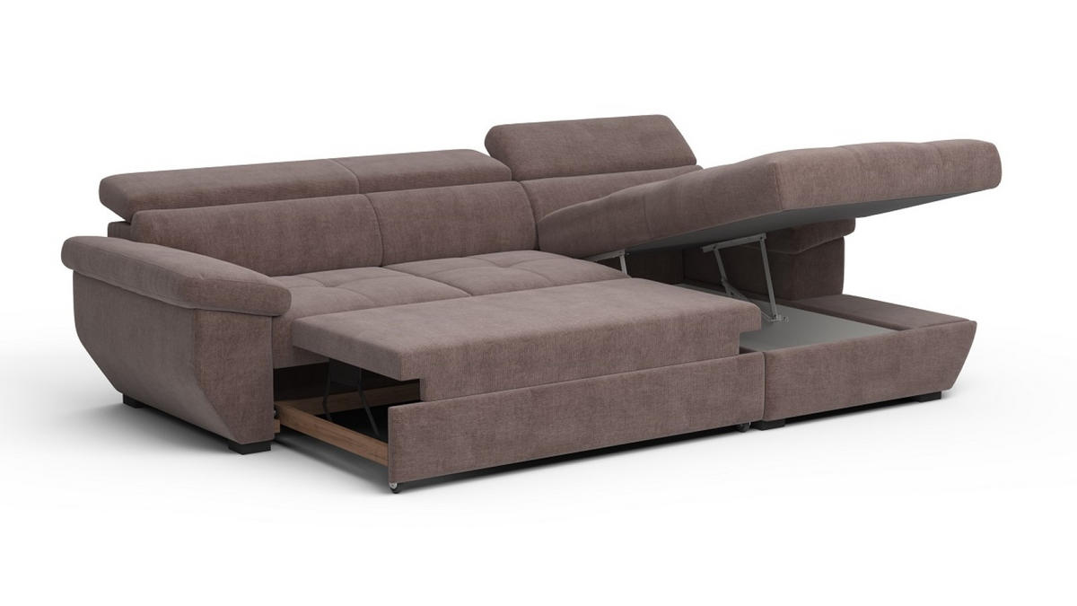 ECKSOFA mit Schlaffunktion und Bettkasten, verstellbare Kopflehnen - Taupe/Schwarz, Kunststoff/Textil (170/267cm) - Cotta