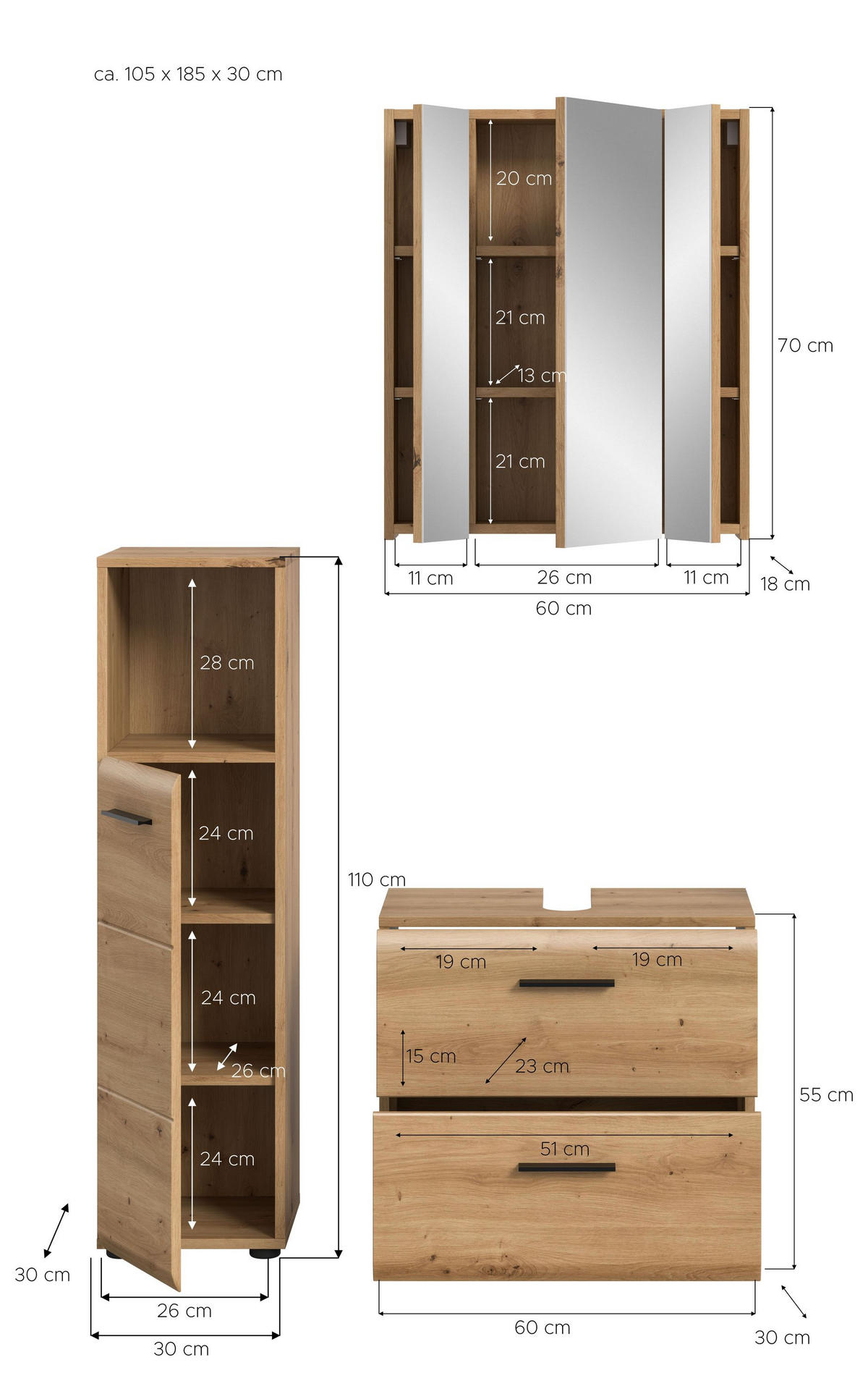 BAD-SET ICE 3-tlg. (B/H/T: ca. 105/185/30 cm) in Artisan Oak Nachbildung/Artisan Oak Nachbildung - Eiche Artisan, Holz (105/185/30cm)