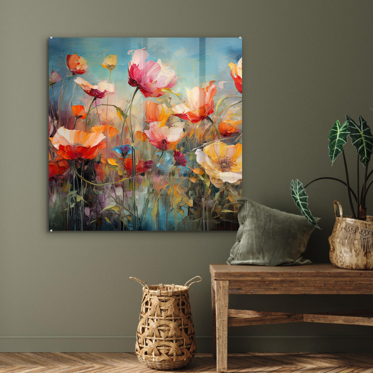 ACRYLGLASBILD Blumen - Aquarell - Kunst - Botanisch - Natur 90x90 cm - Orange, Glas (90/90cm) - MuchoWow