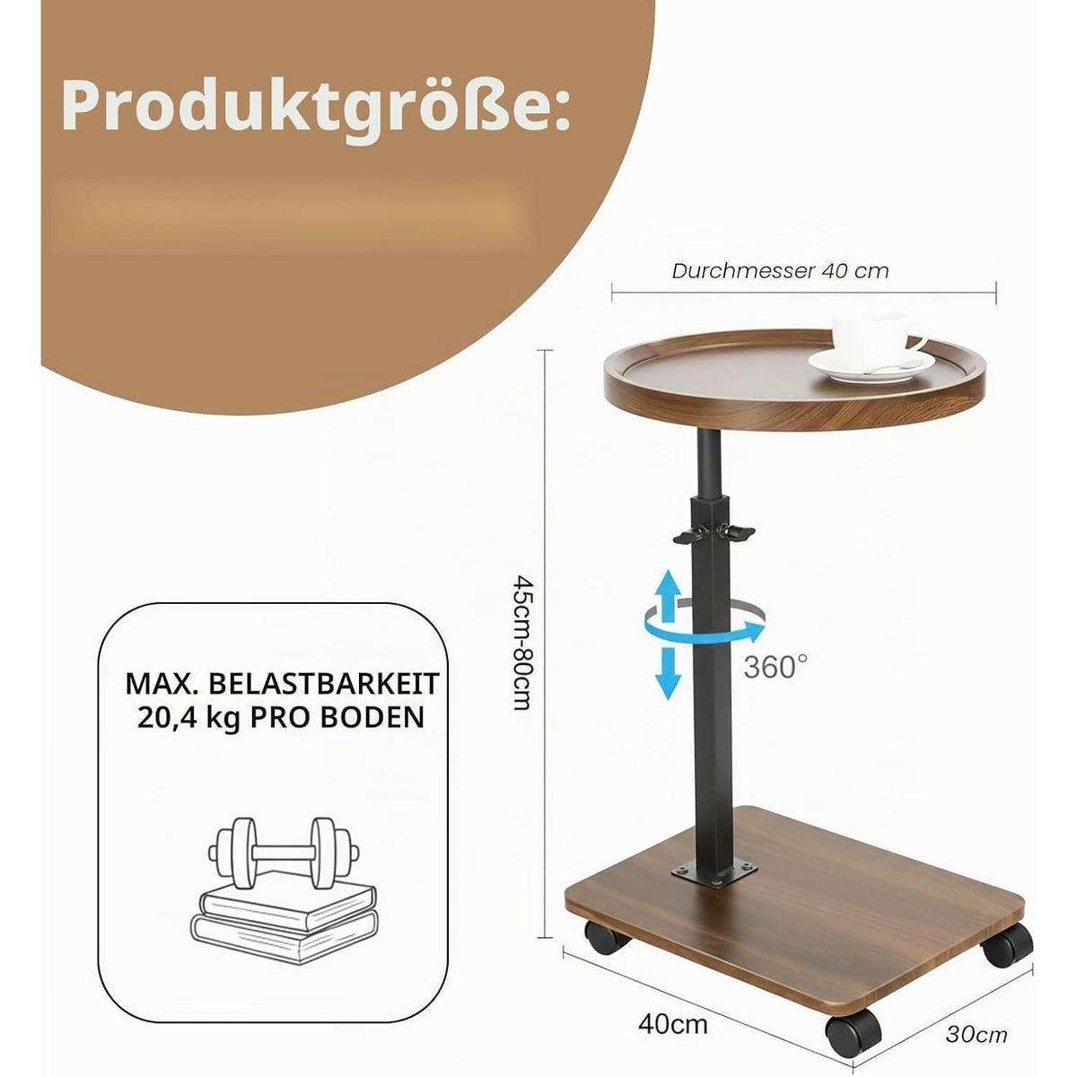 BEISTELLTISCH höhenverstellbar mit Rollen Walnussoptik - Braun, Holzwerkstoff (40/40/80cm)