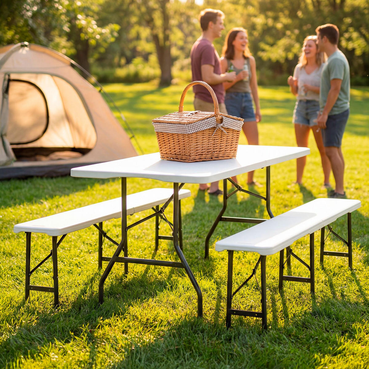 CAMPINGTISCHGARNITUR Panja, gummierte Tragegriffe, weiß - Weiß, Kunststoff (70/180/74cm) - tectake
