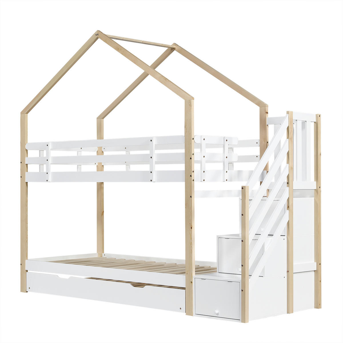 ETAGENBETT 90/200 & 90/190 cm mit Ausziehbett, Treppe mit 4 Schubladen und Absturzsicherung, Natur/Weiß - Weiß, Holz (90/200cm) - Redom