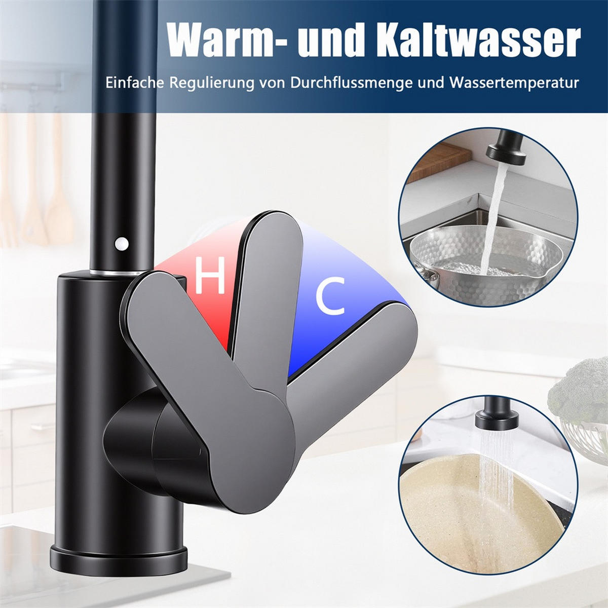 KÜCHENARMATUR Schwarz mit Herausziehbarer Geschirrbrause - Wasserhahn Küche mit 360° Drehbar Spülbecken Wasserhahn - Schwarz, Metall (17.5/46/4.5cm) - DELFA