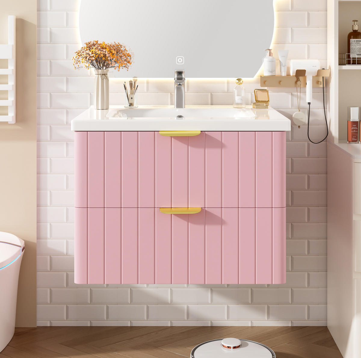 WANDMONTIERTER Waschtisch mit Keramikbecken 60.5x47.5x47cm Rosa-Weiß,2 Ebenen - Rosa, Holzwerkstoff (60.5/47/47.5cm) - Modfu