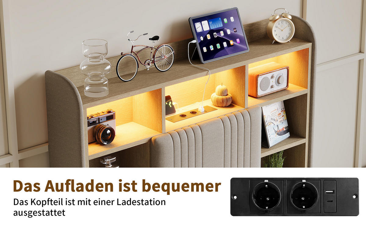 EINZELBETT 90/200 cm beige Leinen mit LED USB Schubladen - Beige, Holz - SHOPENTRA