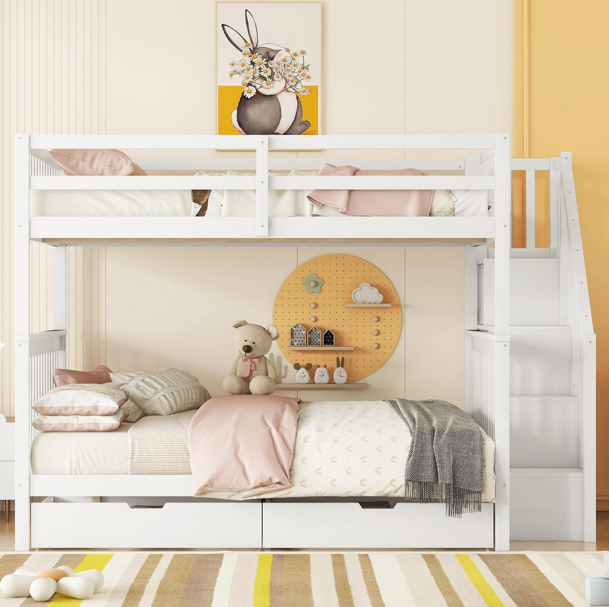 ETAGENBETT 140/200 cm aus Kiefer und MDF mit Treppenregal und 2 Schubladen Weiß - Weiß, Holz (140/200cm) - Modenvie