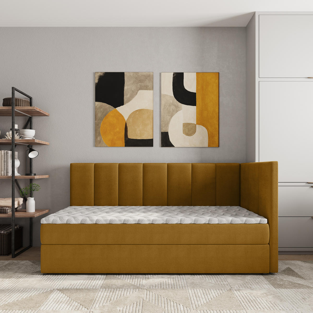 BOXBETT BEVE 80x200 cm mit Matratze und Topper, H2+H3 - Gelb - Gelb, Holz (80/200cm) - MASSENO