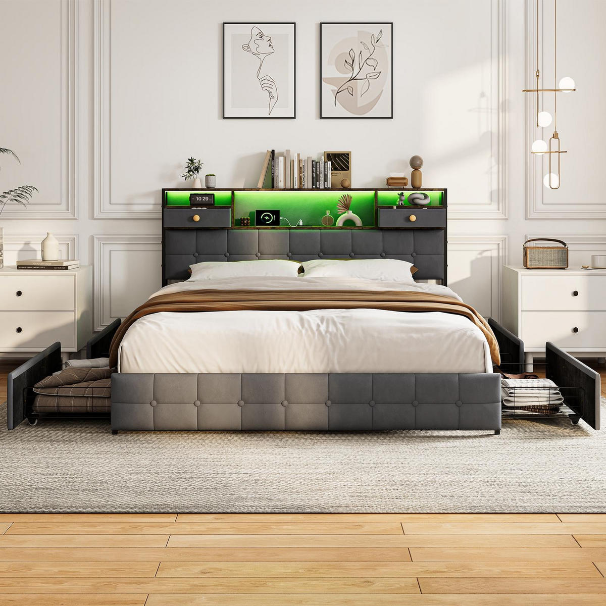 STAURAUMBETT 160/200 cm aus Samt, mit 4 seitlichen Schubladen + 2 Kopfteil-Schubladen, LED und USB-Anschluss, Grau - Grau, Textil (160/200cm) - Waldena