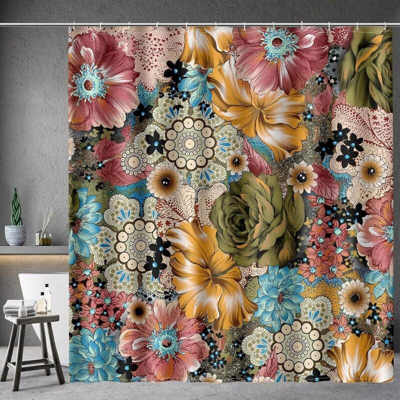 DUSCHVORHANG Boho 72 x 72 cm floral mehrfarbig mit Haken - Multicolor, Textil (180/180cm) - MCBOSON