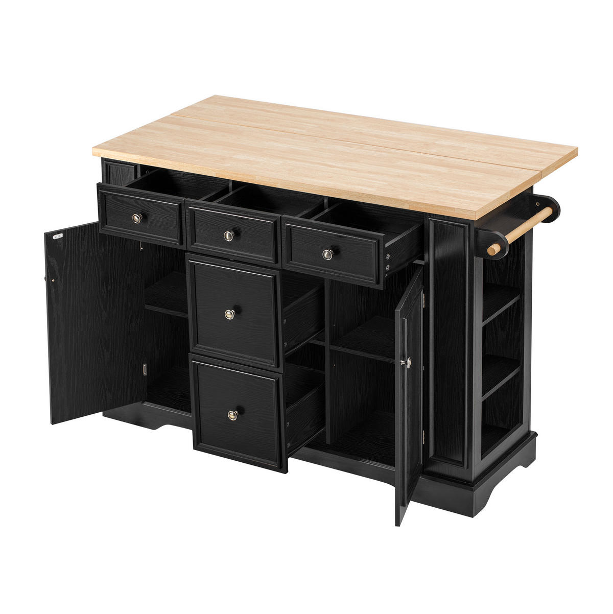 KUHINJSKI otok 130,5/40-65/92 cm crni, sa sklopivom radnom pločom i USB - crna, drvni materijal (130.5/92/65cm) - BEAOK