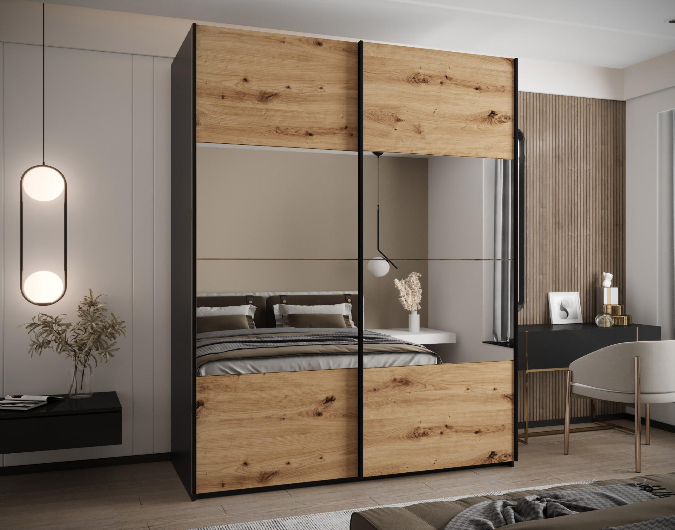 SCHWEBETÜRENSCHRANK 245,5/200/64 2-türig - Schwarz/Eiche Artisan, Holz/Metall (200/245/64cm) - Abiks Möbel