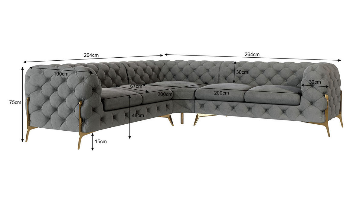 ECKSOFA Chesterfield Lexi Grau Samt - Goldfarben/Grau, Holz/Textil (264/264cm) - S-Style Möbel