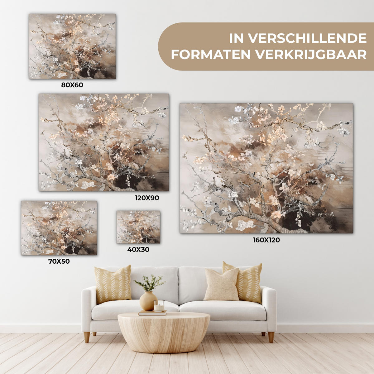 LEINWANDBILD Mandelblüte - Kunst - Van Gogh - Beige - Abstrakt Wandbilder 80x60 cm - Braun, Textil (80/60cm) - MuchoWow