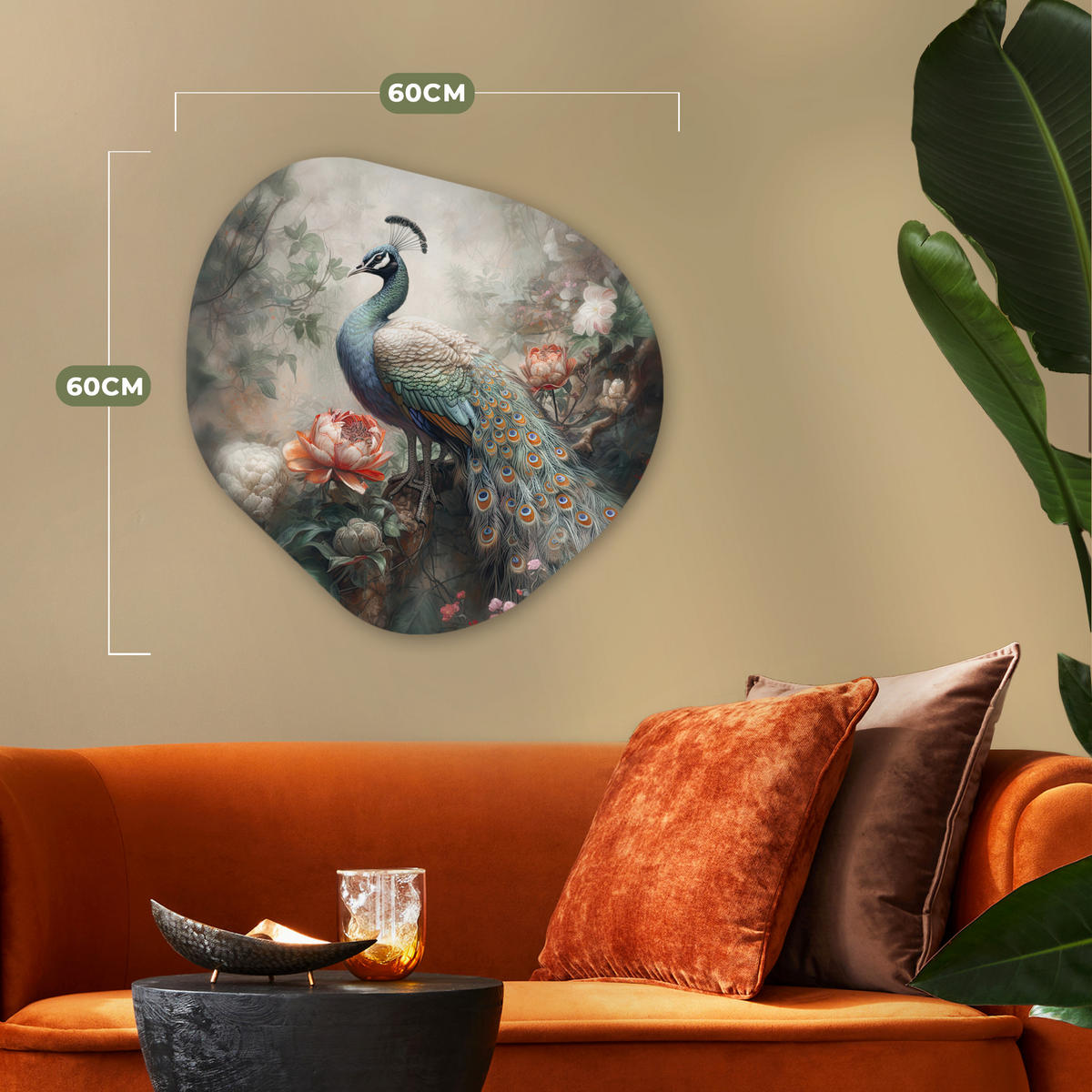 WANDBILD Pfau - Pfauenfedern - Vogel - Dschungel - Blumen 60x60 cm - Smaragdgrün, Kunststoff (60/60cm) - MuchoWow