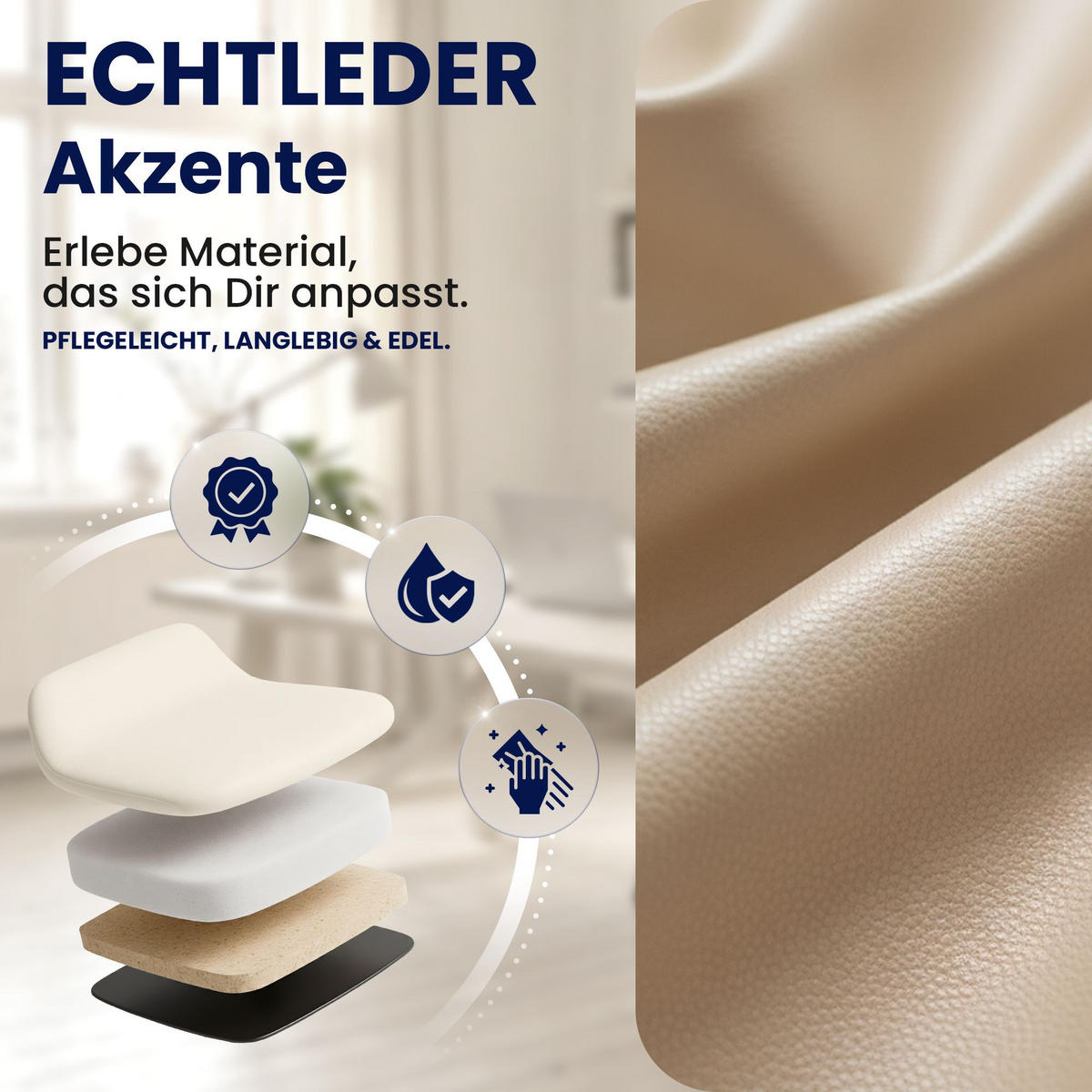CHEFSESSEL Echtleder Creme - Chromfarben/Creme, Leder/Metall (78/114/66cm) - CLP