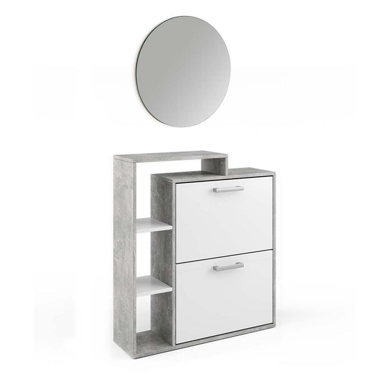 SCHUHKIPPER Orlando Beton 2 Teile, mit Spiegel - Weiß/Grau, Holzwerkstoff (80/90/25cm) - Vicco