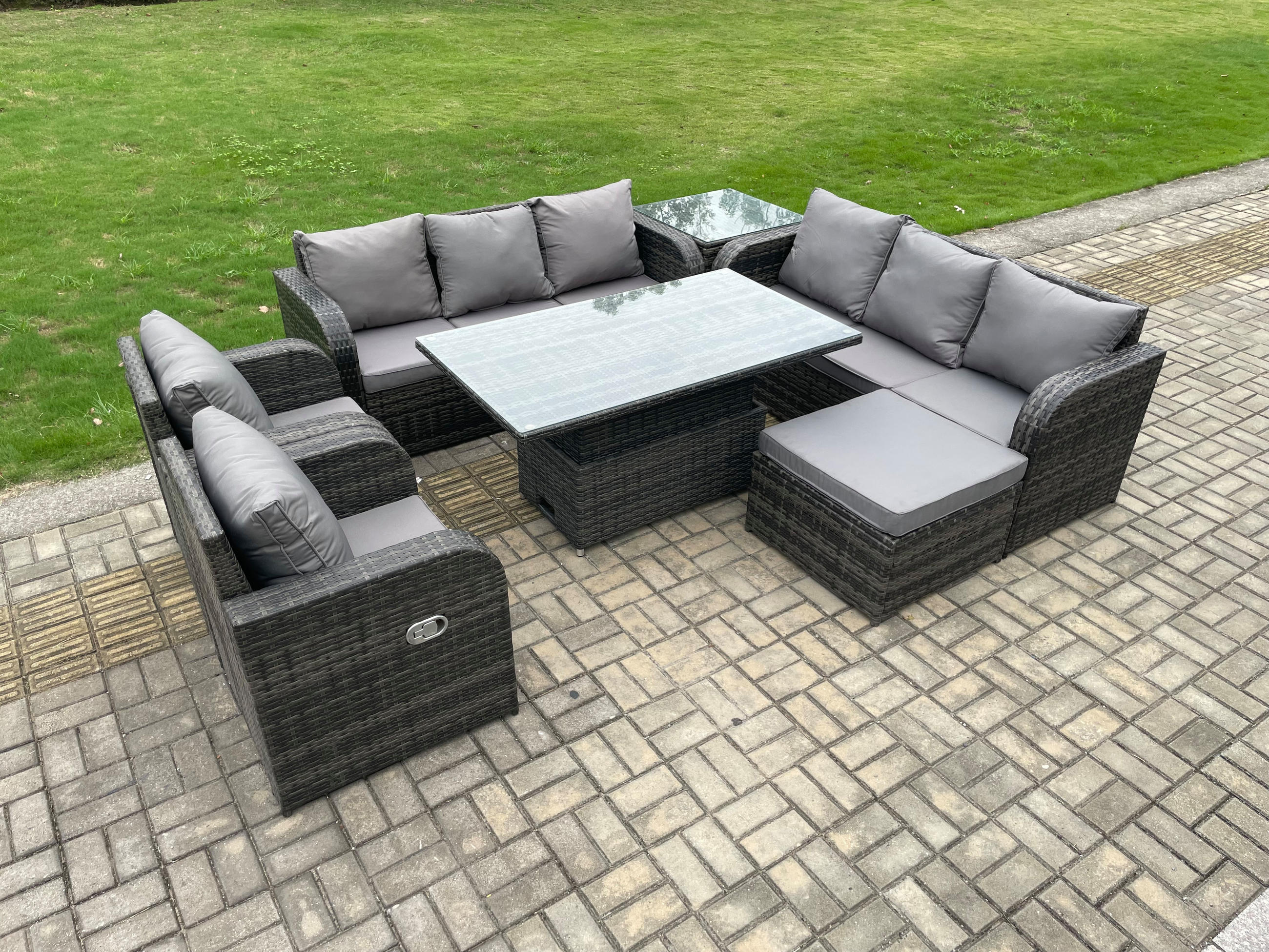 GARTENSET MIT BEISTELLTISCH Polyrattan Outdoor 9-Sitzer - Dunkelgrau/Grau, Glas/Kunststoff - Fimous