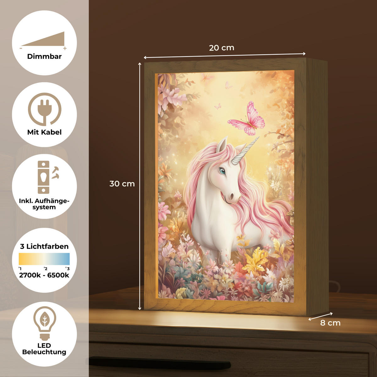 NACHTTISCHLAMPE Einhorn - Blumen - Schmetterling - Rosa 20x30 cm - Beige, Holzwerkstoff (8/20/30cm)