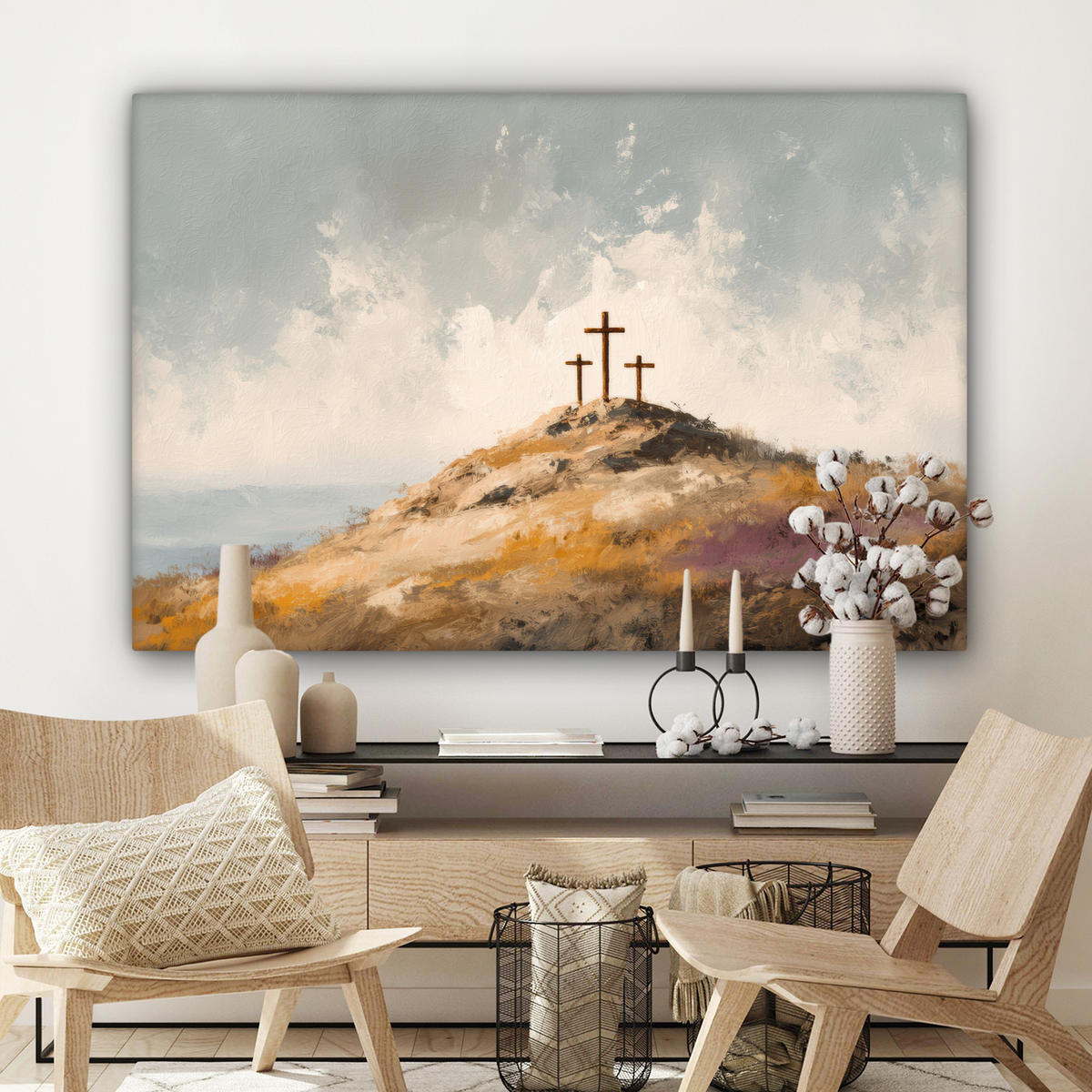 LEINWANDBILD Hügel - Abstrakt - Christentum - Kreuz Groß 140x90 cm - Hellgrau, Textil (140/90cm) - MuchoWow